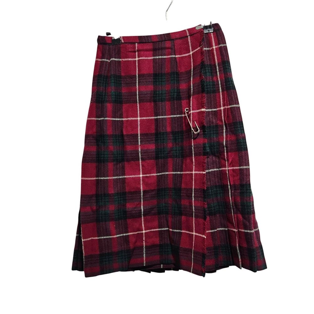 Vintage Red Plaid Wool Skirt Scottish Tartan Kilt Style Pleated‎ Midi